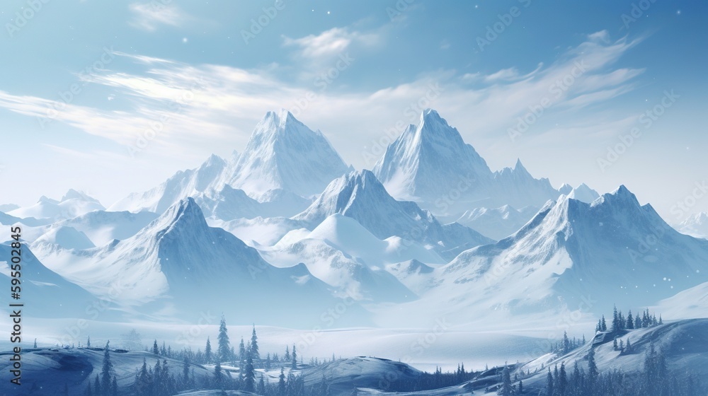 Poster a painting of a snowy mountain range with trees in the foreground. generative ai