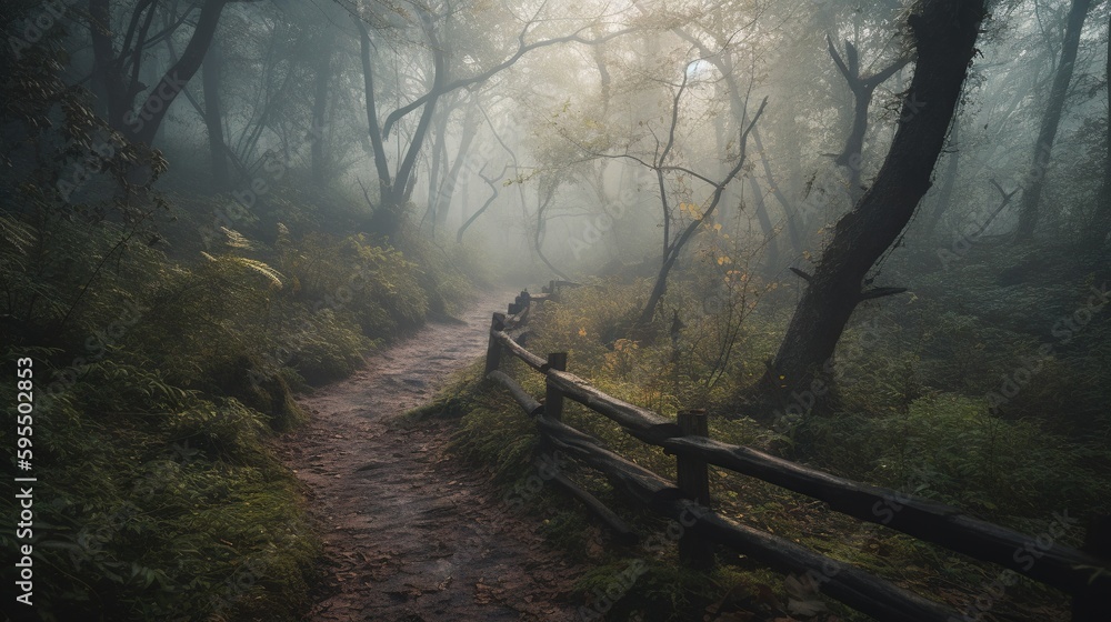 Poster a path in a forest with fog and trees on both sides. generative ai
