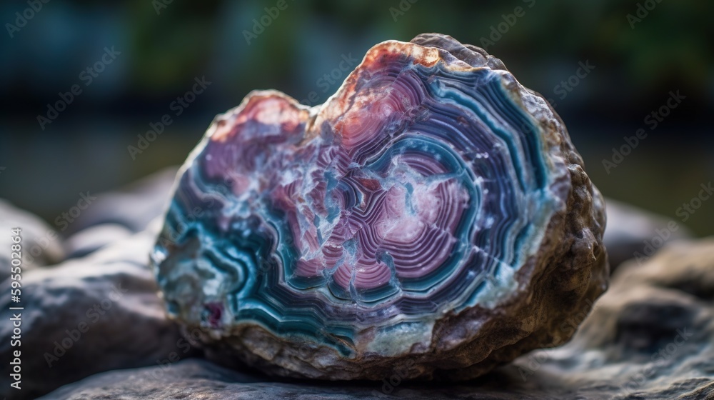 Poster a rock with a large piece of colorful rock on top of it. generative ai