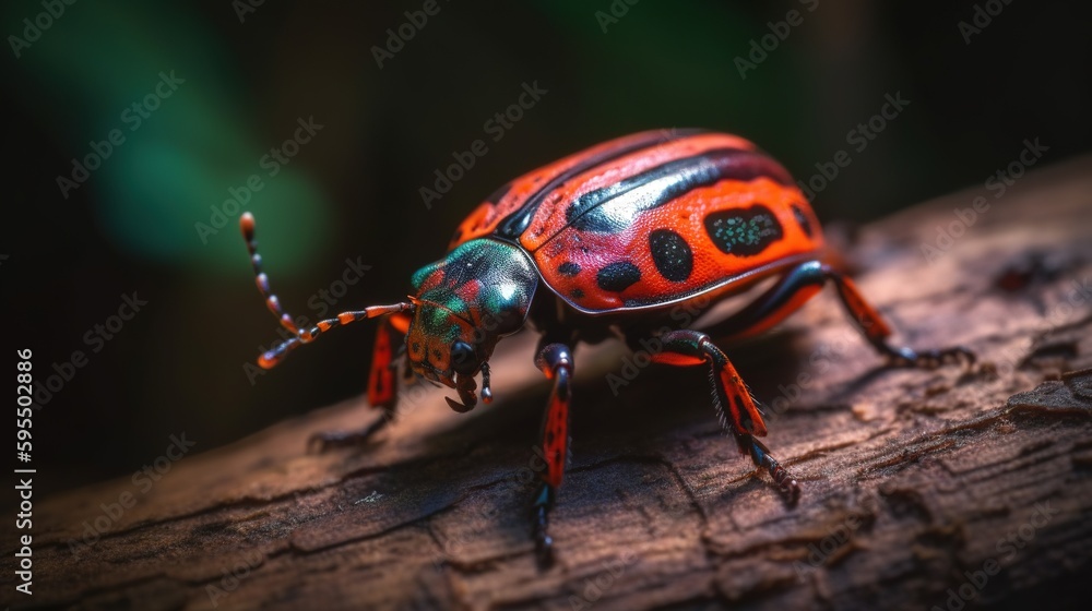 Poster a close up of a red and black bug on a tree branch. generative ai