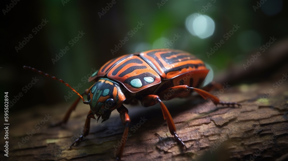 Poster a close up of a beetle on a tree branch with blurry background. generative ai