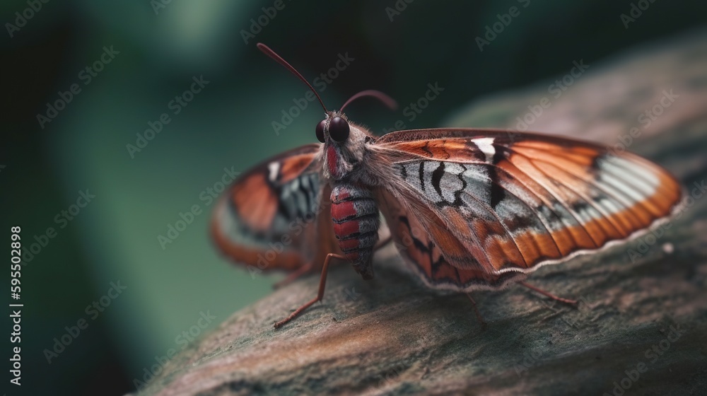 Poster a close up of a butterfly on a tree branch with a blurry background. generative ai