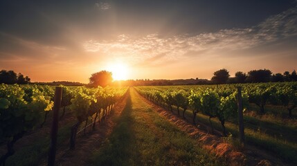  the sun is setting over a vineyard with vines in the foreground.  generative ai - obrazy, fototapety, plakaty