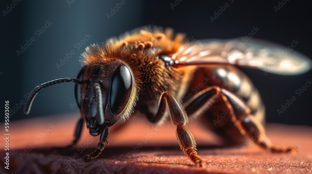 Poster a close up of a bee on a surface with a blurry background. generative ai