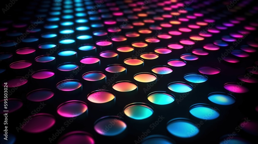 Poster a black background with colorful lights and circles of circles on it. generative ai