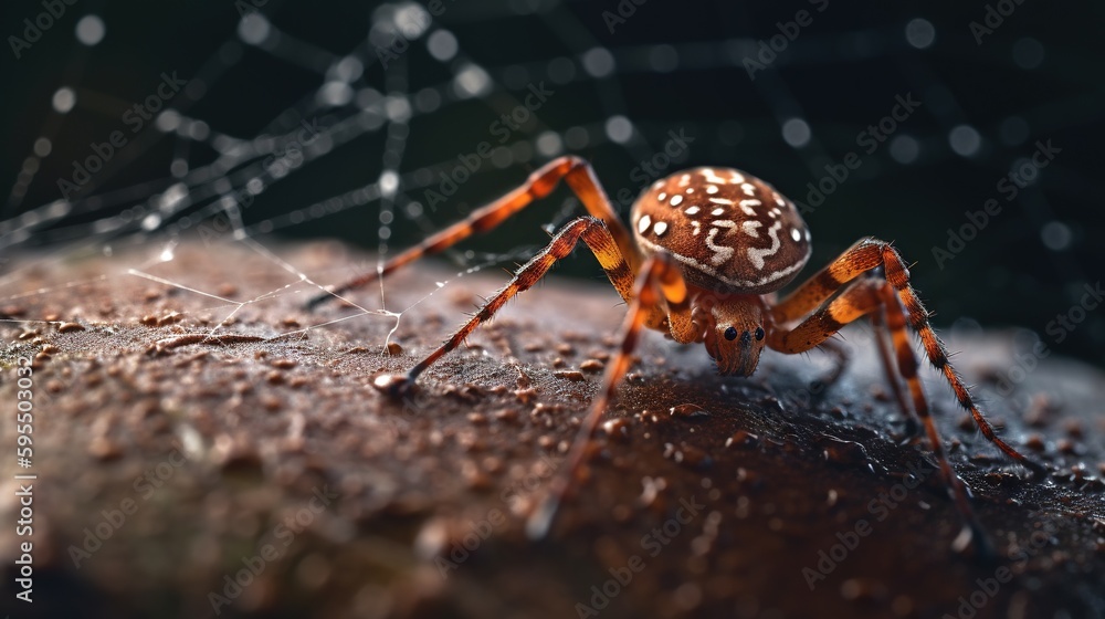 Poster a close up of a spider on a rock with webs in the background. generative ai