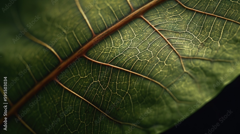 Poster a close up of a green leaf with thin lines on it. generative ai