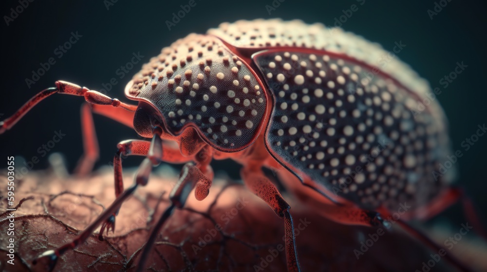 Poster a close up of a bug on a leaf with a black background. generative ai
