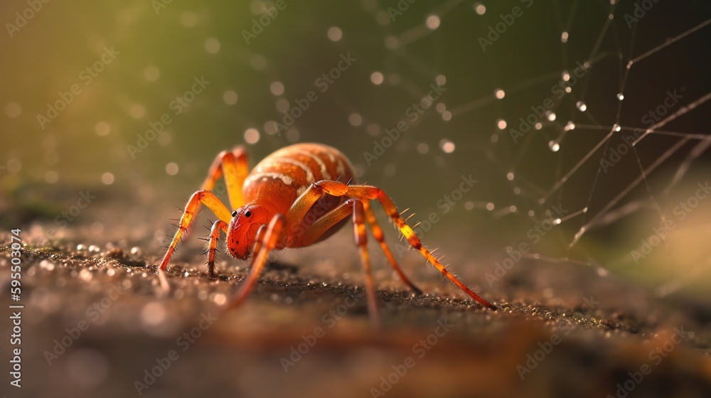 Poster a close up of a spider on the ground with a spider web in the background. generative ai