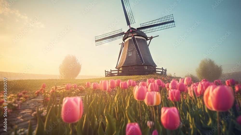Poster a windmill in the middle of a field of tulips. generative ai