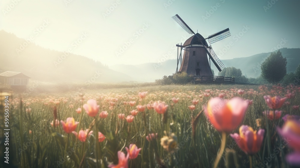 Poster a windmill in the middle of a field of tulips. generative ai