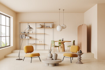 Light living room interior with armchairs and decoration, dining area and window