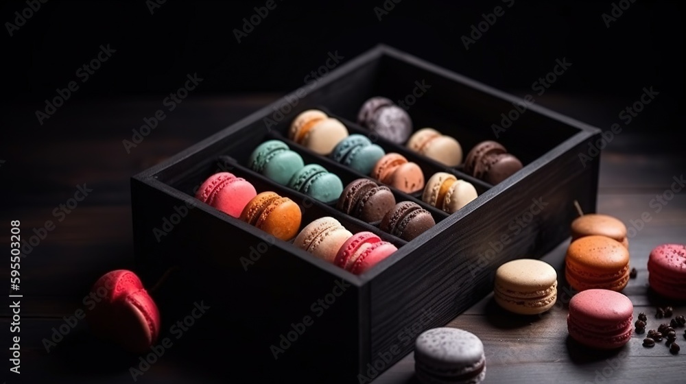 Poster  a wooden box filled with different types of macaroons.  generative ai