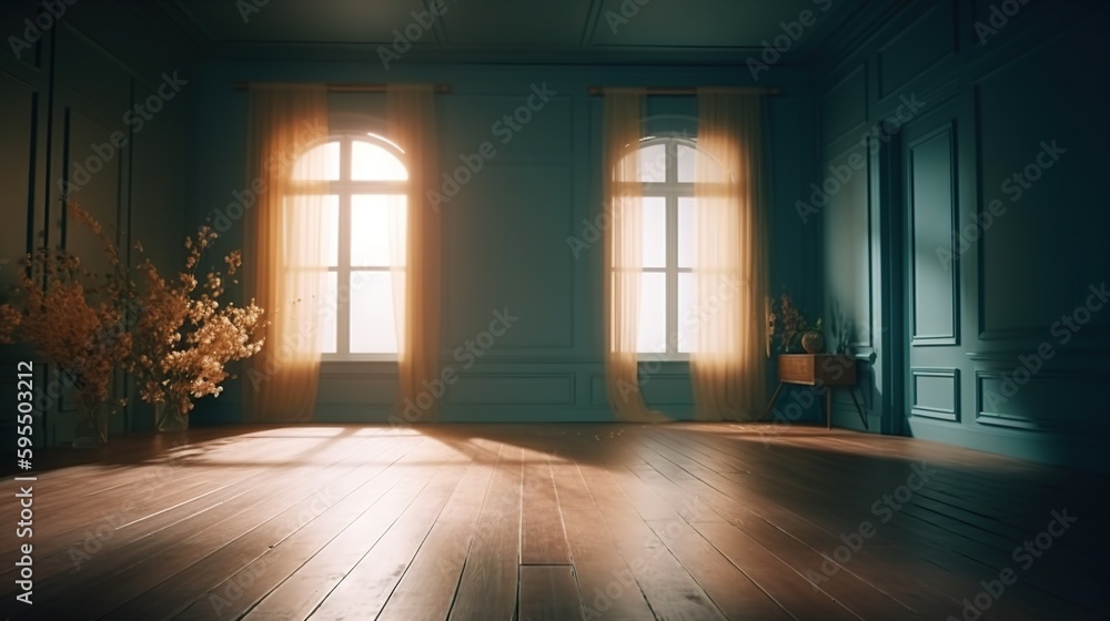 Poster an empty room with two windows and a vase of flowers. generative ai