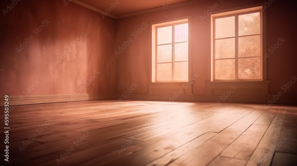 Poster an empty room with two windows and a hard wood floor. generative ai