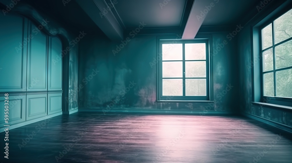 Poster an empty room with a large window and a wooden floor. generative ai