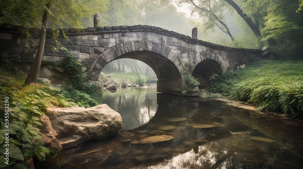 Poster a stone bridge over a river surrounded by trees and rocks. generative ai