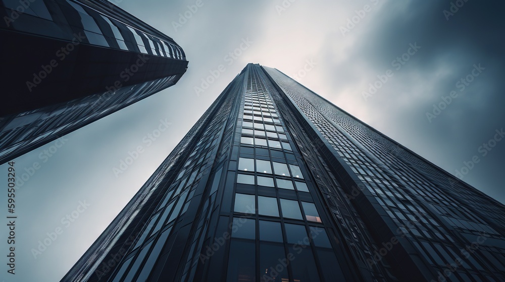 Poster looking up at a tall skyscraper with a cloudy sky in the background. generative ai