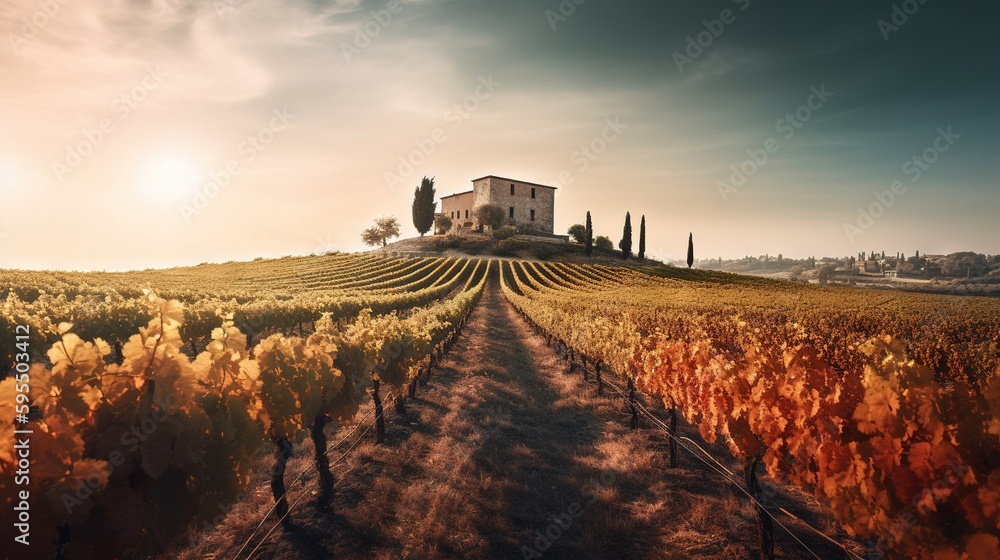 Poster a house on a hill surrounded by trees and vines with a path leading to it. generative ai