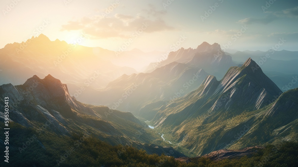 Poster a mountain range with a river running through the middle of it. generative ai