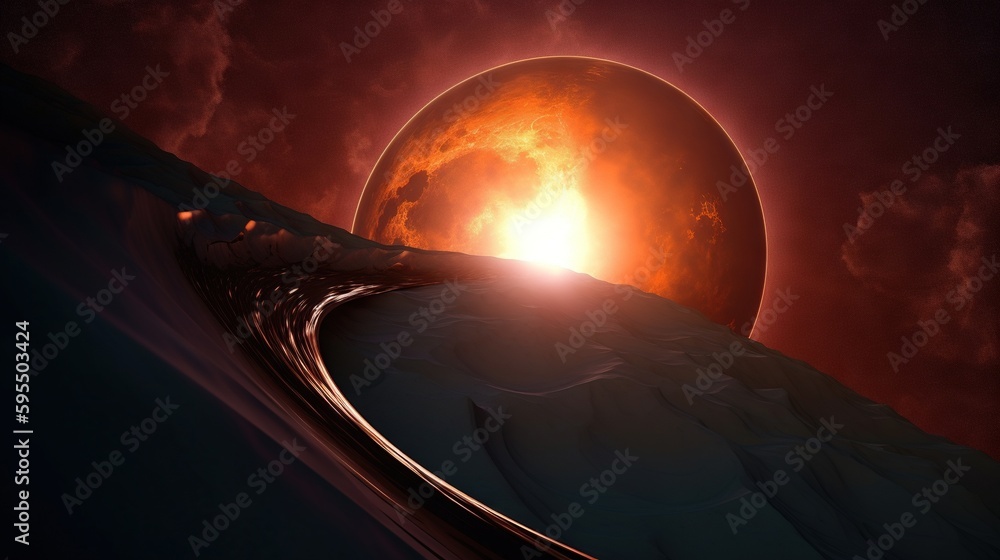 Poster a sun setting over a mountain with a red sky in the background. generative ai