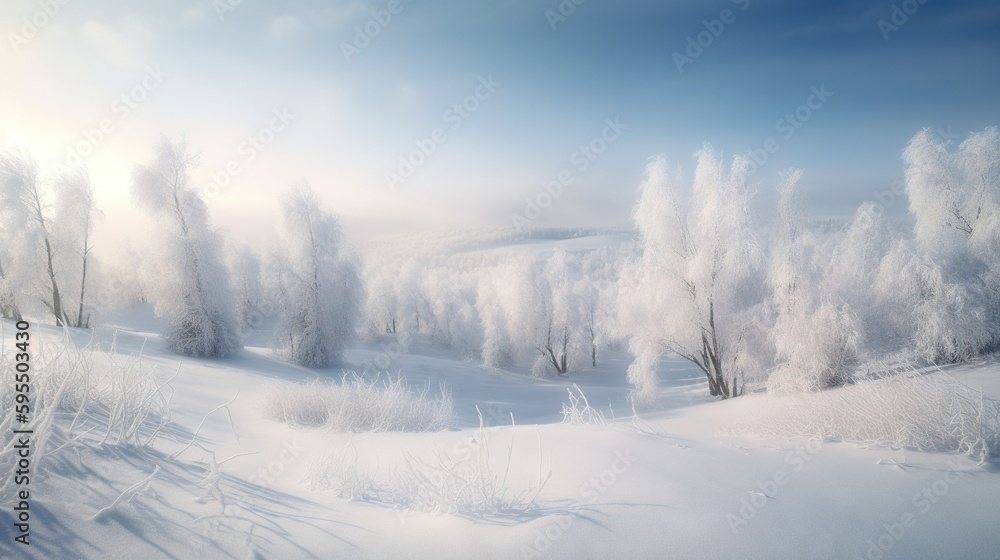 Poster a snowy landscape with trees and bushes covered in ice and snow. generative ai