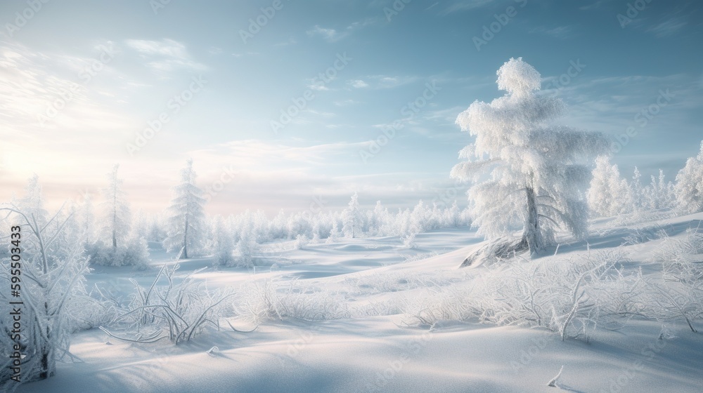 Poster a winter landscape with snow covered trees in the middle of a snowy field the trees are blanketed in