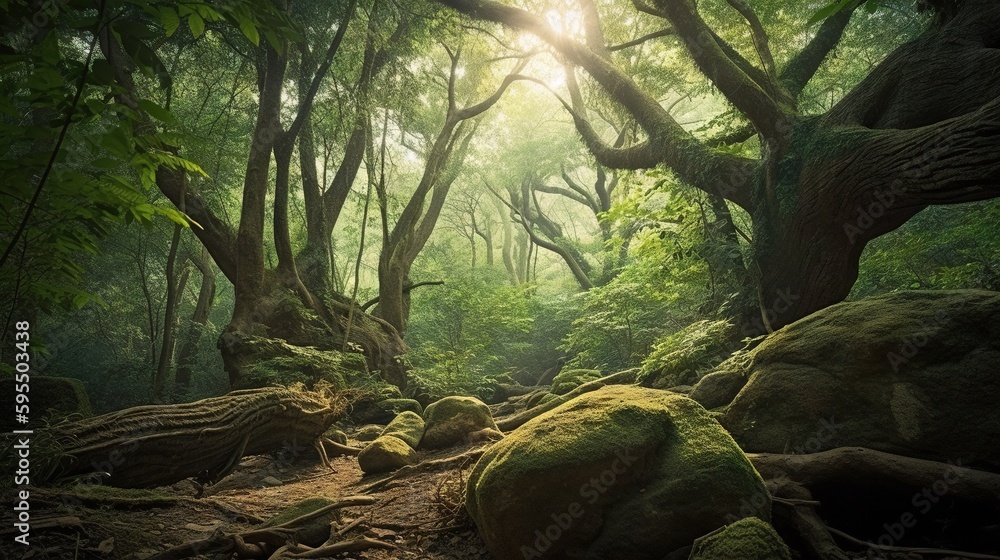 Poster the sun shines through the trees in a forest filled with rocks. generative ai
