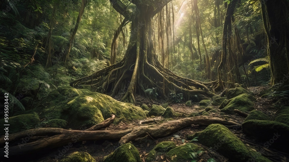 Poster a large tree in the middle of a lush green forest. generative ai