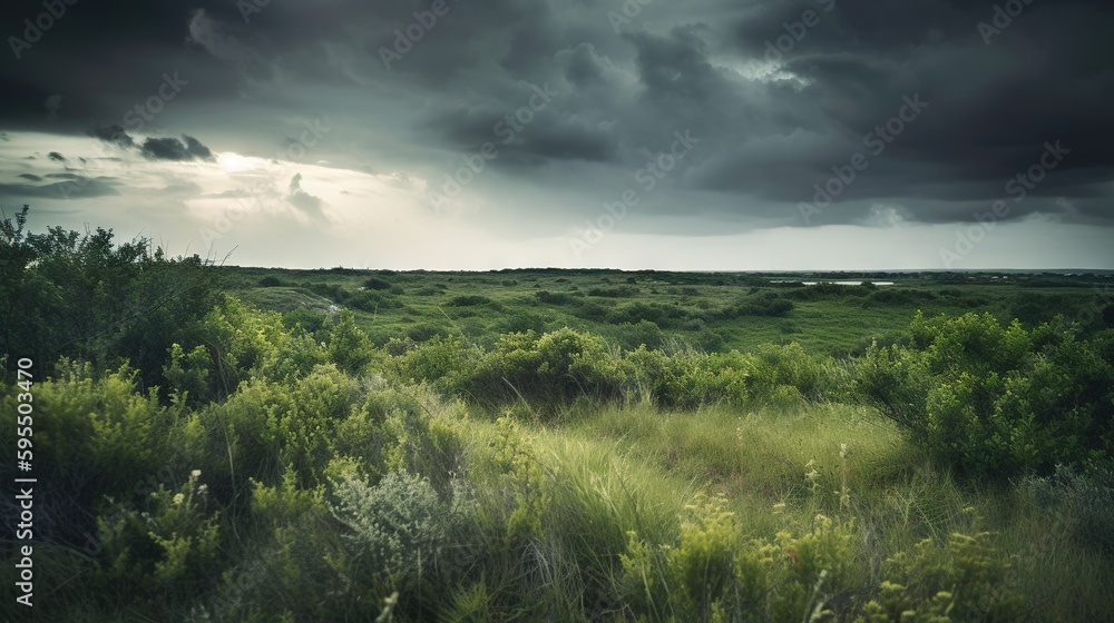 Poster  a grassy field with trees and bushes under a cloudy sky.  generative ai