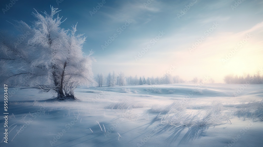 Poster a snow covered field with a tree in the foreground. generative ai