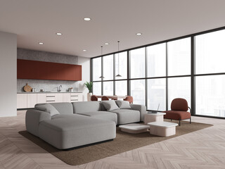 White home studio interior with lounge and eating corner, panoramic window