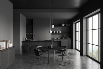 Grey kitchen interior with dining table and bar island, panoramic window