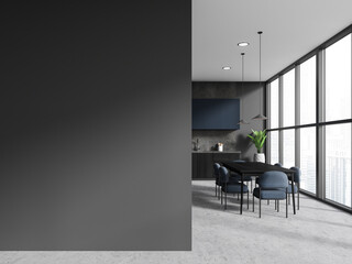 Gray kitchen with table and mock up wall