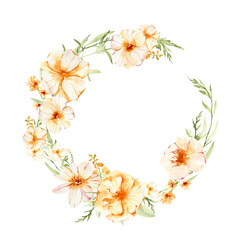 Naklejka na ściany i meble Watercolor elegant wreath, floral arrangement, summer field flowers composition, png illustration.