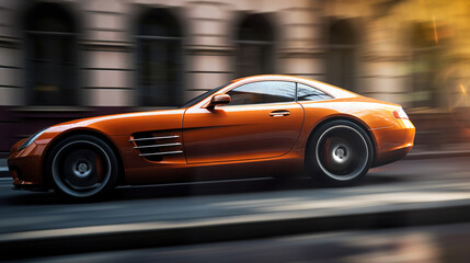 Plakat an orange sports car driving down a street in front of a building. generative ai