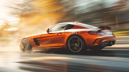 Fototapeta na wymiar an orange sports car driving down the road in the rain. generative ai