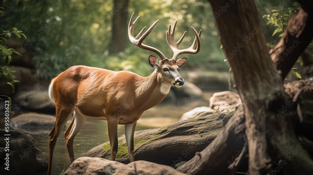 Poster a deer standing in the middle of a forest next to a river. generative ai