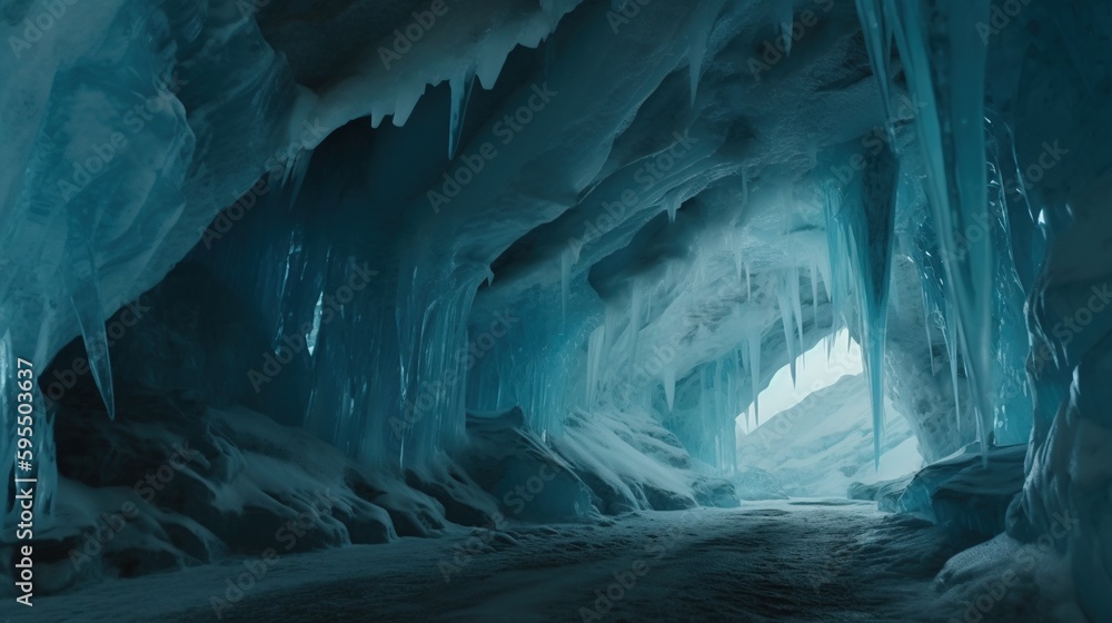Poster an inside view of an ice cave with icicles hanging from the ceiling the walls of the cave are covere