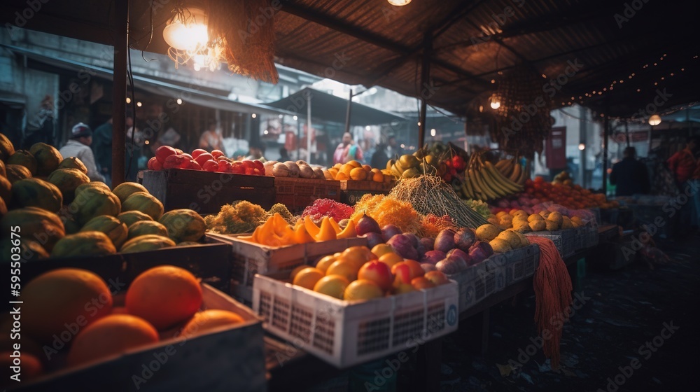 Poster a fruit stand with many different types of fruit in baskets. generative ai