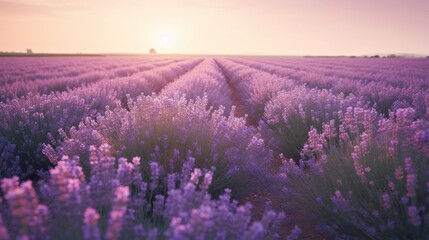 Fototapeta na wymiar a field of lavender flowers with the sun setting in the background. generative ai