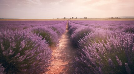 Fototapeta na wymiar a dirt path in a lavender field with trees in the distance. generative ai