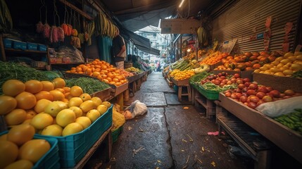  a fruit and vegetable market with a variety of fruits and vegetables.  generative ai
