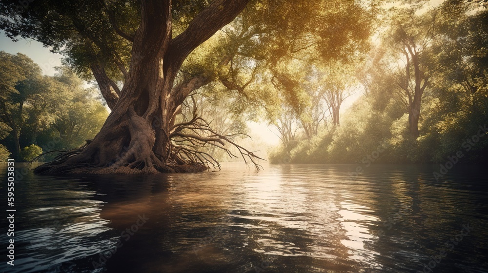 Poster a large tree sitting on top of a river next to a forest. generative ai