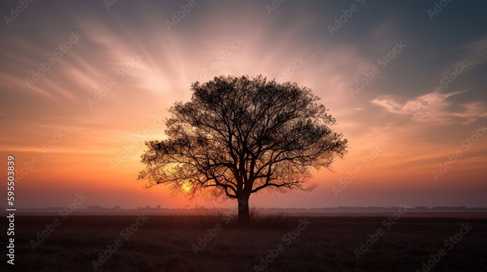Poster a tree in a field with the sun setting in the background. generative ai