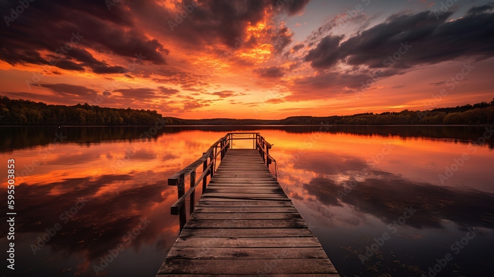 Poster a dock that is sitting in the middle of a lake. generative ai
