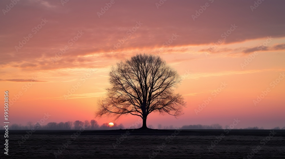 Poster a lone tree in a field with a sunset in the background. generative ai