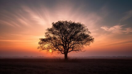 Fototapeta na wymiar a tree in a field with the sun setting in the background. generative ai
