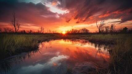 Fototapeta na wymiar the sun is setting over the water in the marshy area. generative ai