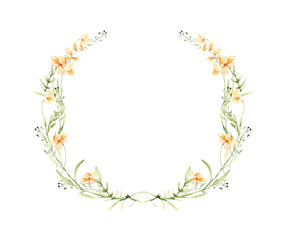 Obraz na płótnie Canvas Watercolor elegant wreath, floral arrangement, summer field flowers composition, png illustration.